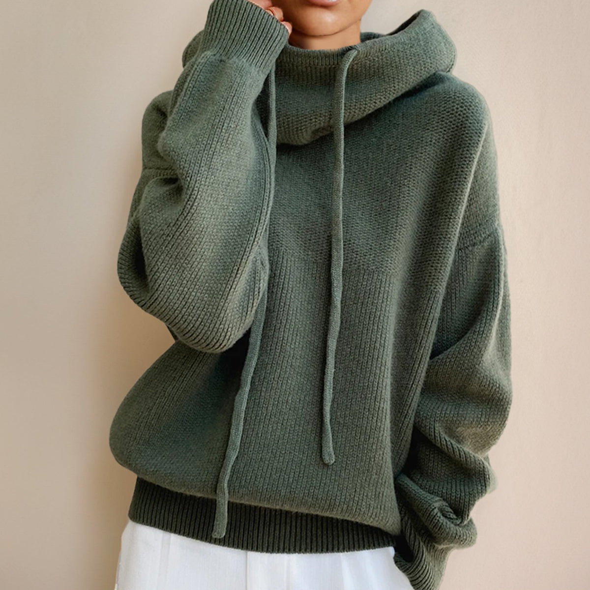 Women's Hooded Knit Drawstring Long Sleeve Jumper - Green