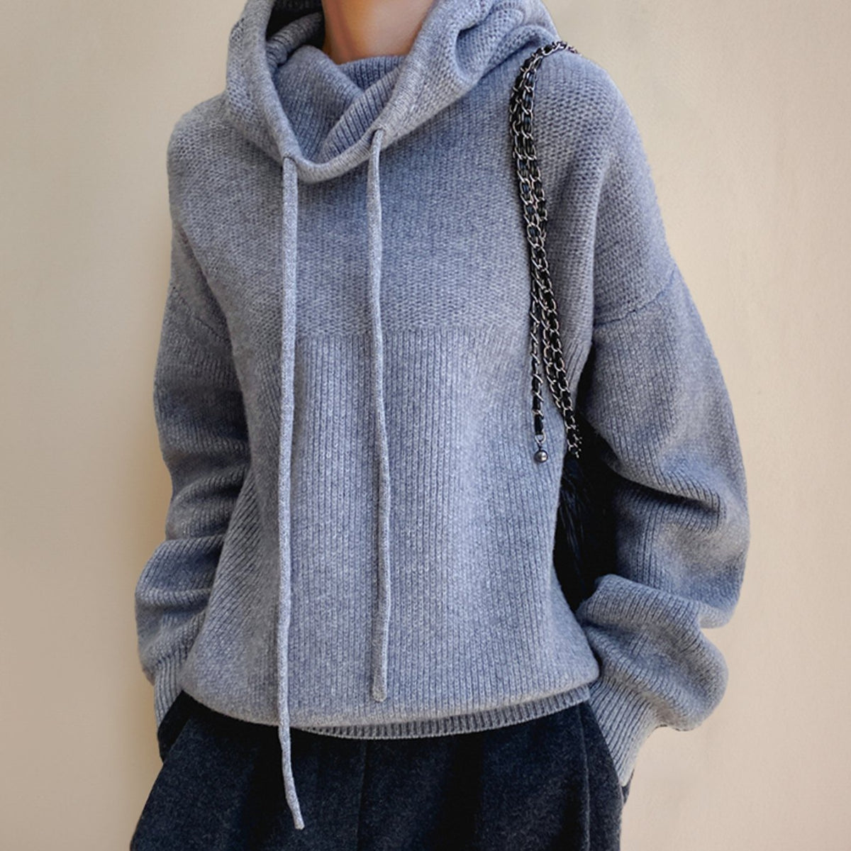 Women's Hooded Knit Drawstring Long Sleeve Jumper