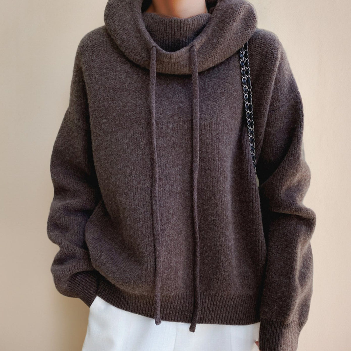 Women's Hooded Knit Drawstring Long Sleeve Jumper - Brown