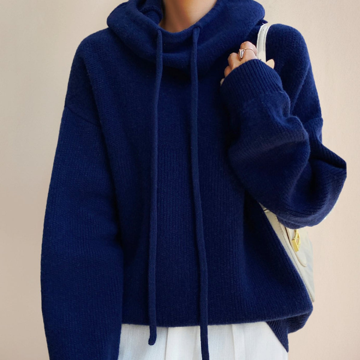 Women's Hooded Knit Drawstring Long Sleeve Jumper - Blue