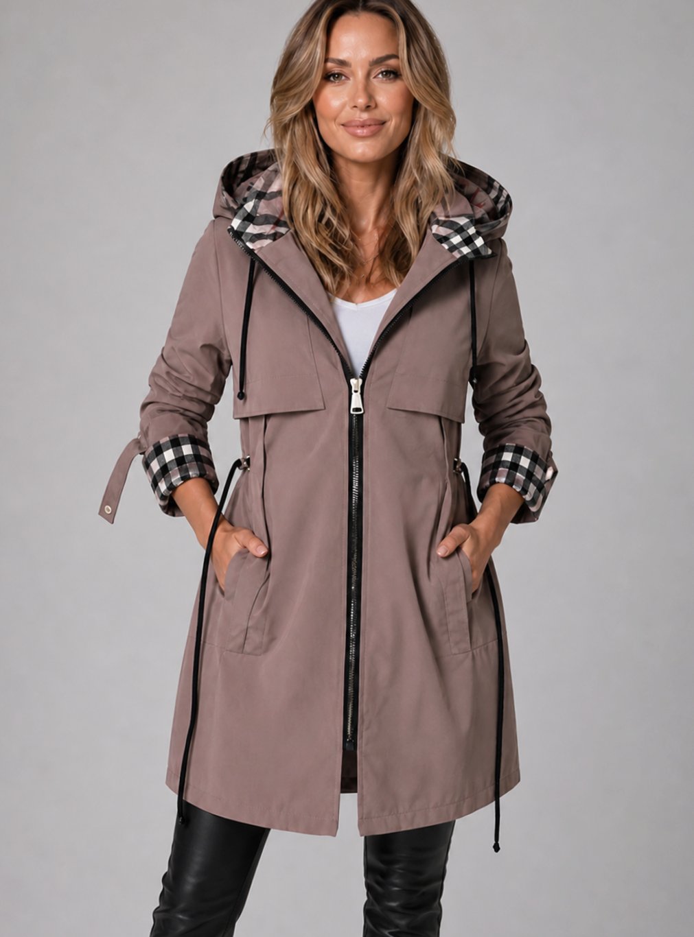 Women's Hooded Longline Zip-Up Drawstring Waist Coat - Brown