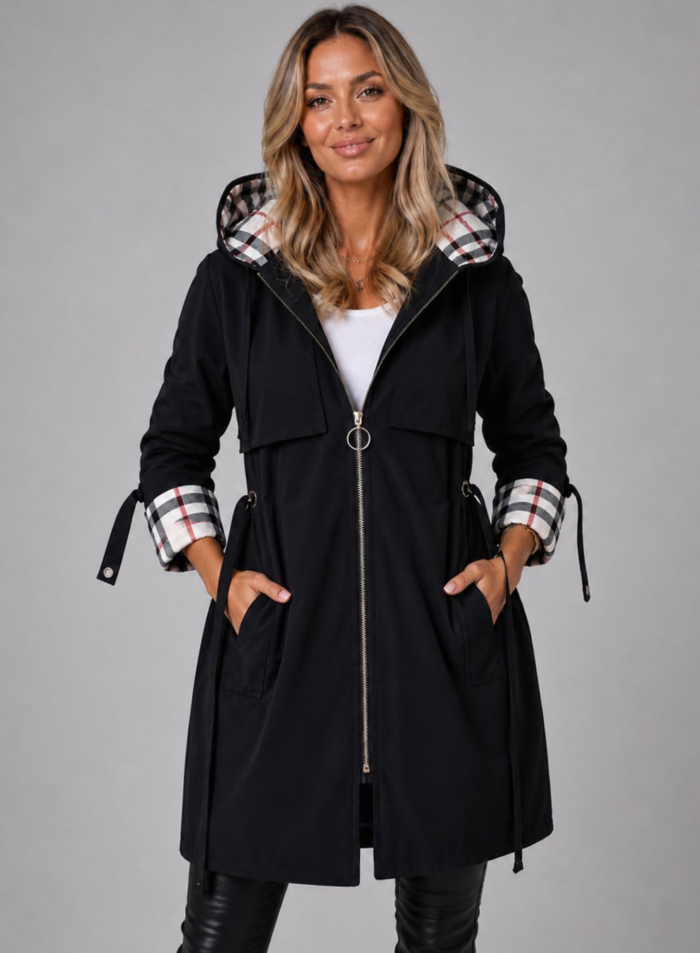 Women's Hooded Longline Zip-Up Drawstring Waist Coat - Black