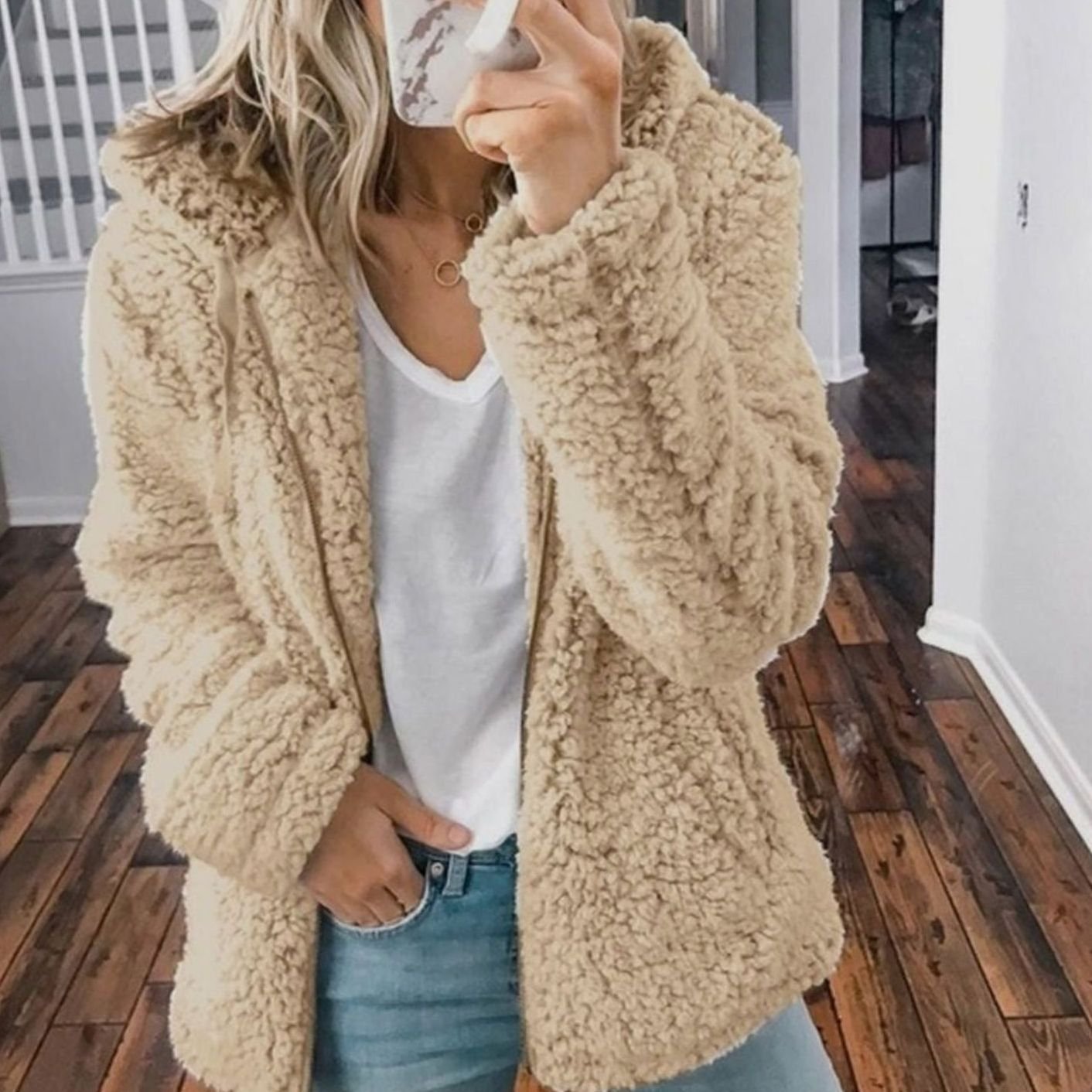 Women's Hooded Open-Front Fluffy Teddy Cardigan - Beige
