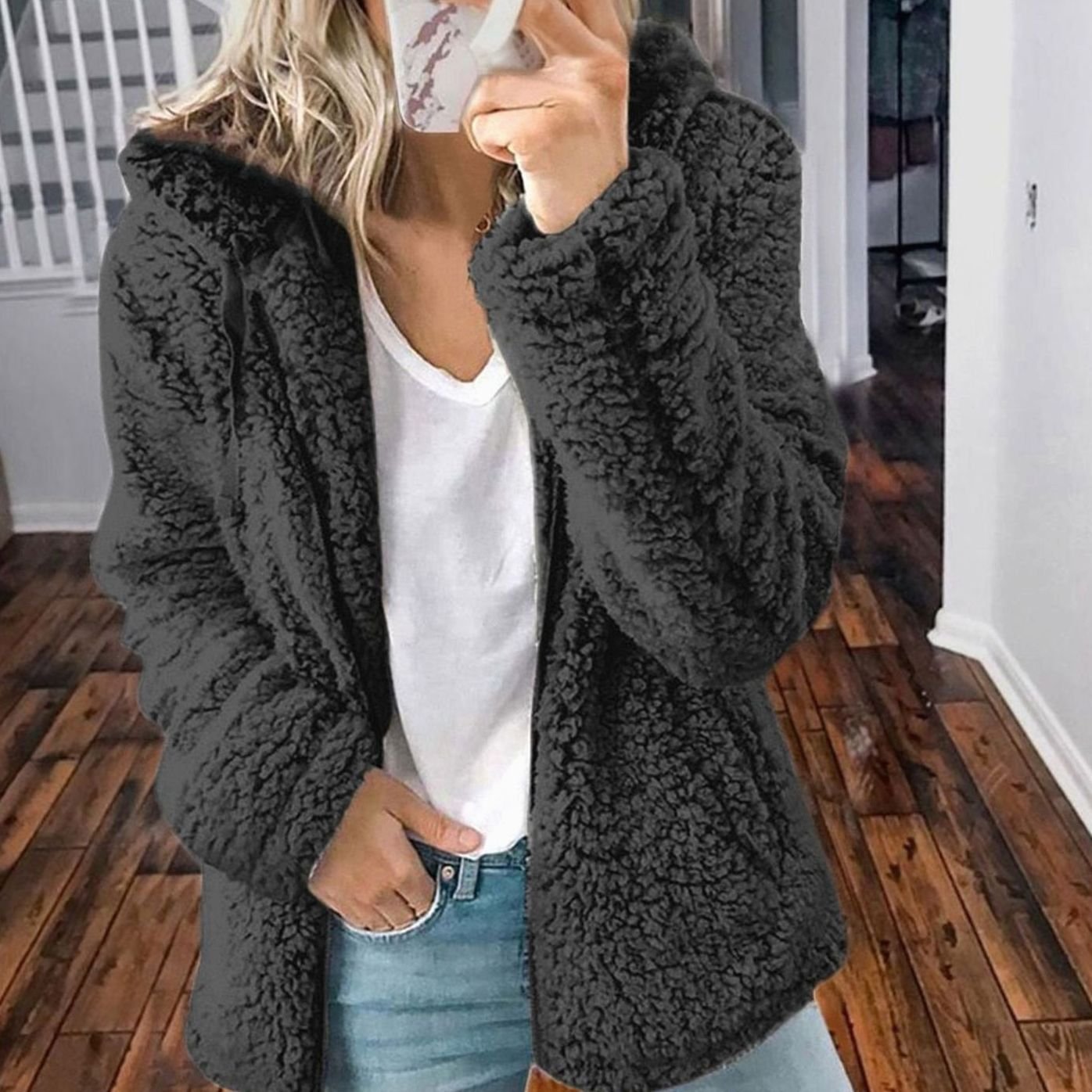 Women's Hooded Open-Front Fluffy Teddy Cardigan - Black