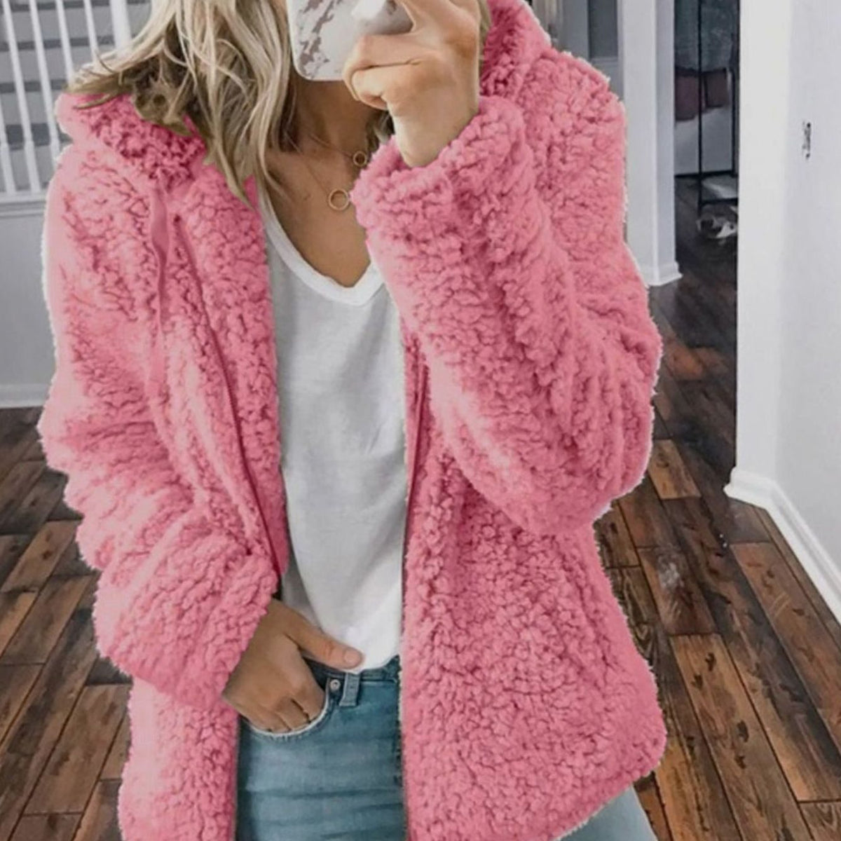 Women's Hooded Open-Front Fluffy Teddy Cardigan - Pink