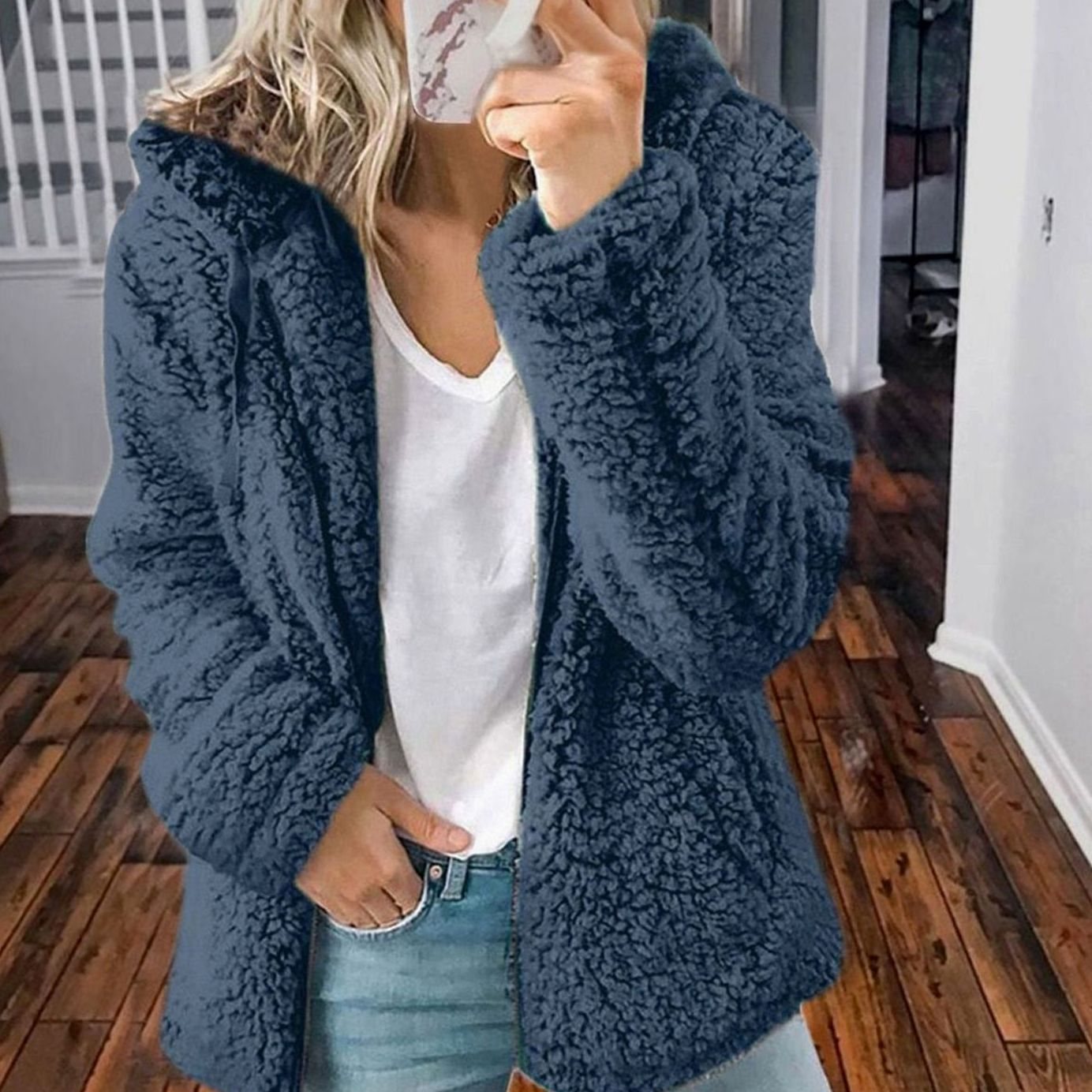 Women's Hooded Open-Front Fluffy Teddy Cardigan - Blue