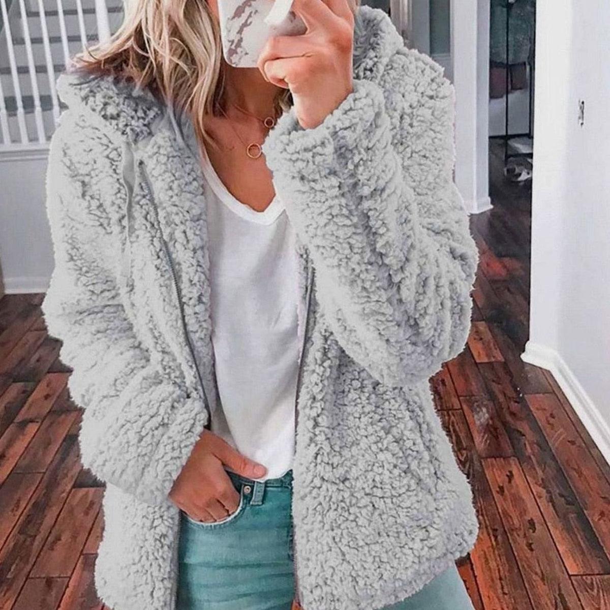 Women's Hooded Open-Front Fluffy Teddy Cardigan - Light Grey