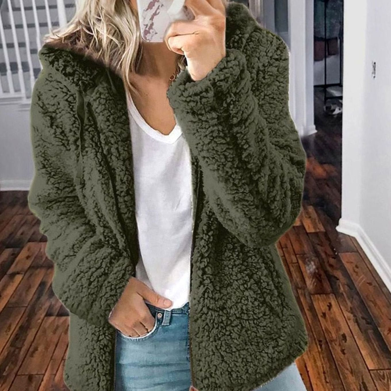 Women's Hooded Open-Front Fluffy Teddy Cardigan - Green