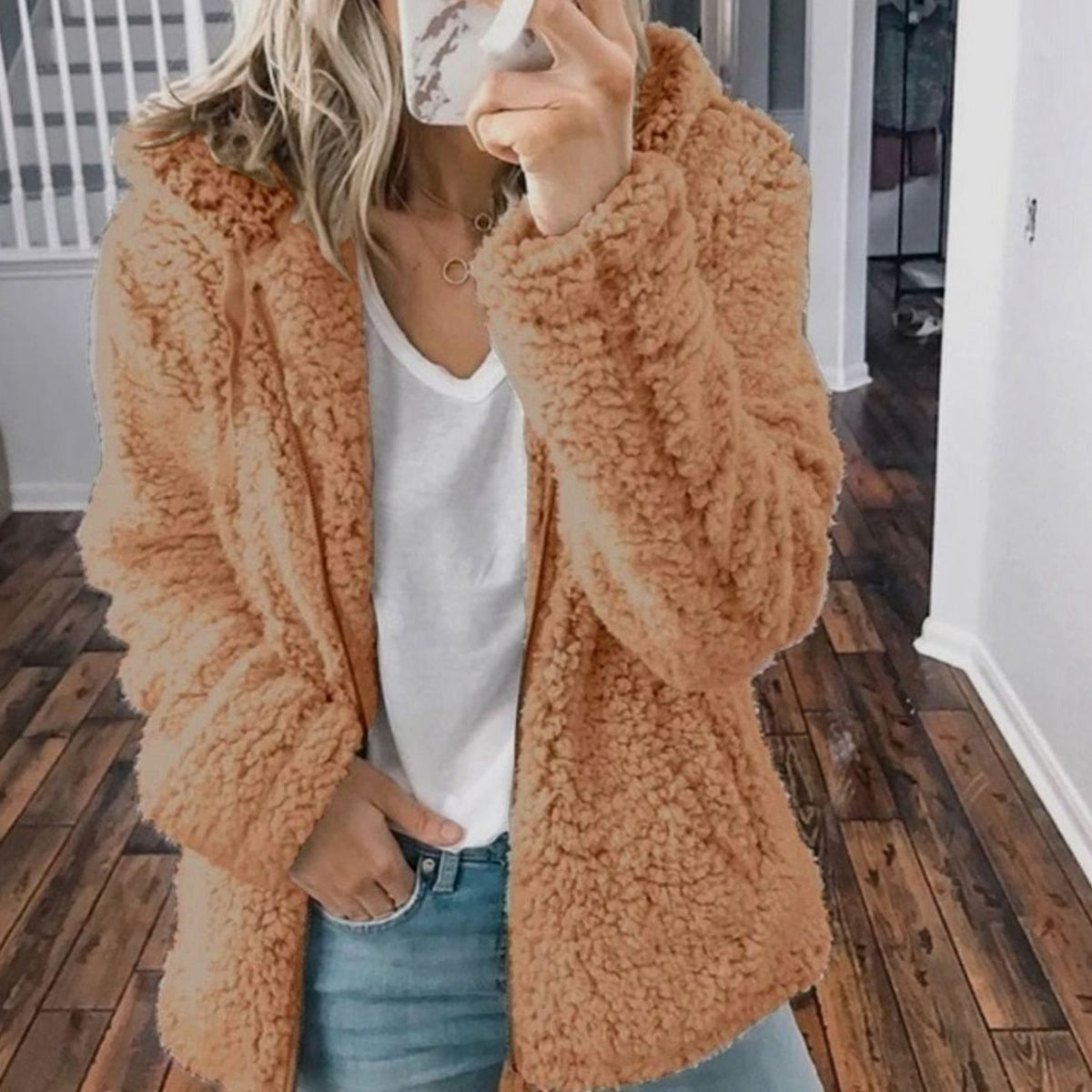 Women's Hooded Open-Front Fluffy Teddy Cardigan - Cappuccino