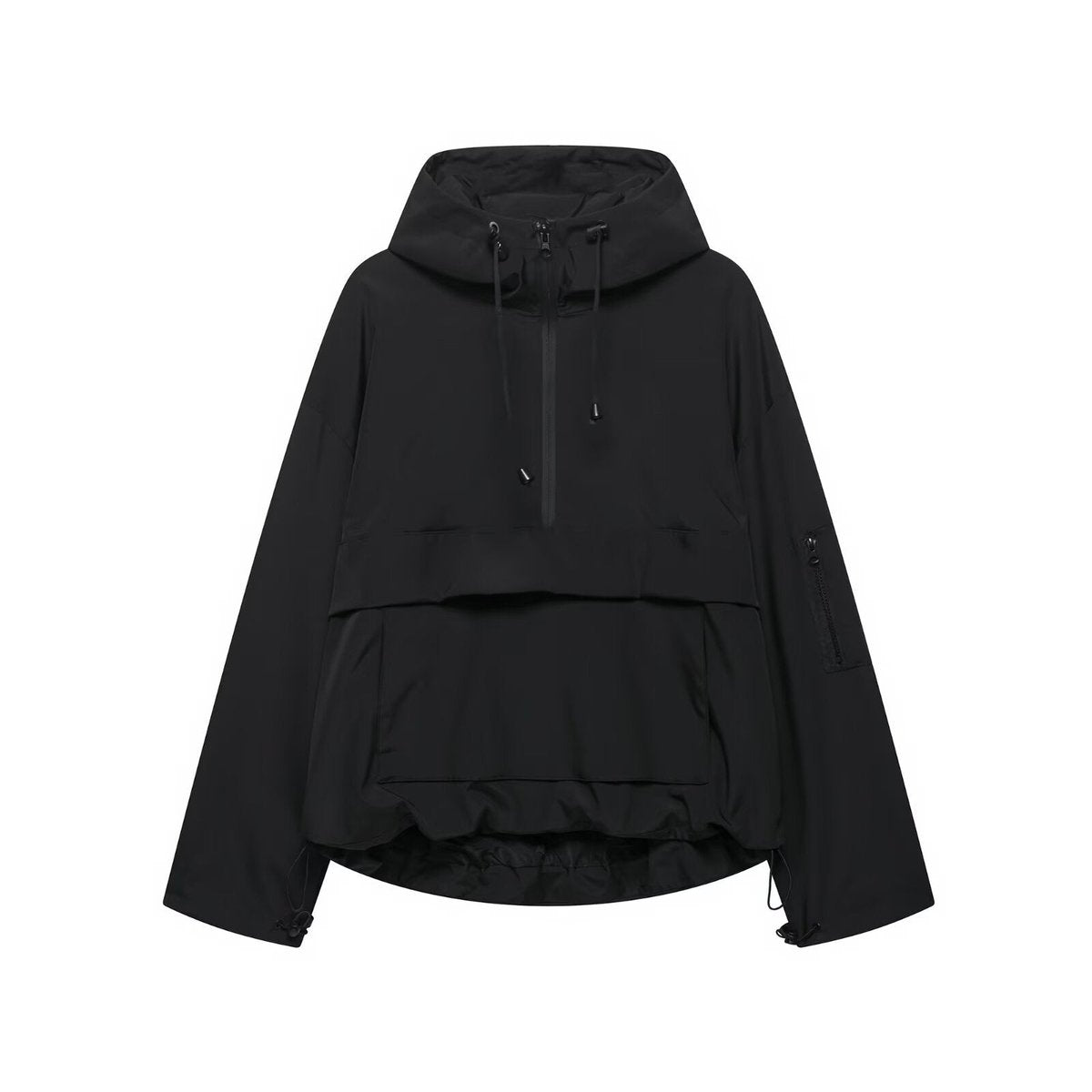 Women's Hooded Pullover Anorak Wind-Resistant Quilted Jacket - Black