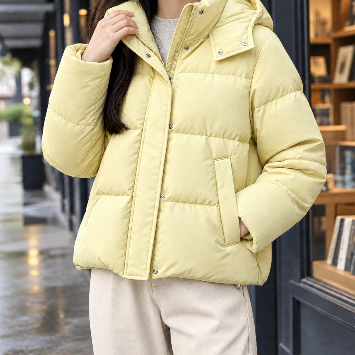 Women's Hooded Quilted Puffer Jacket Loose Fit - Creamy Yellow