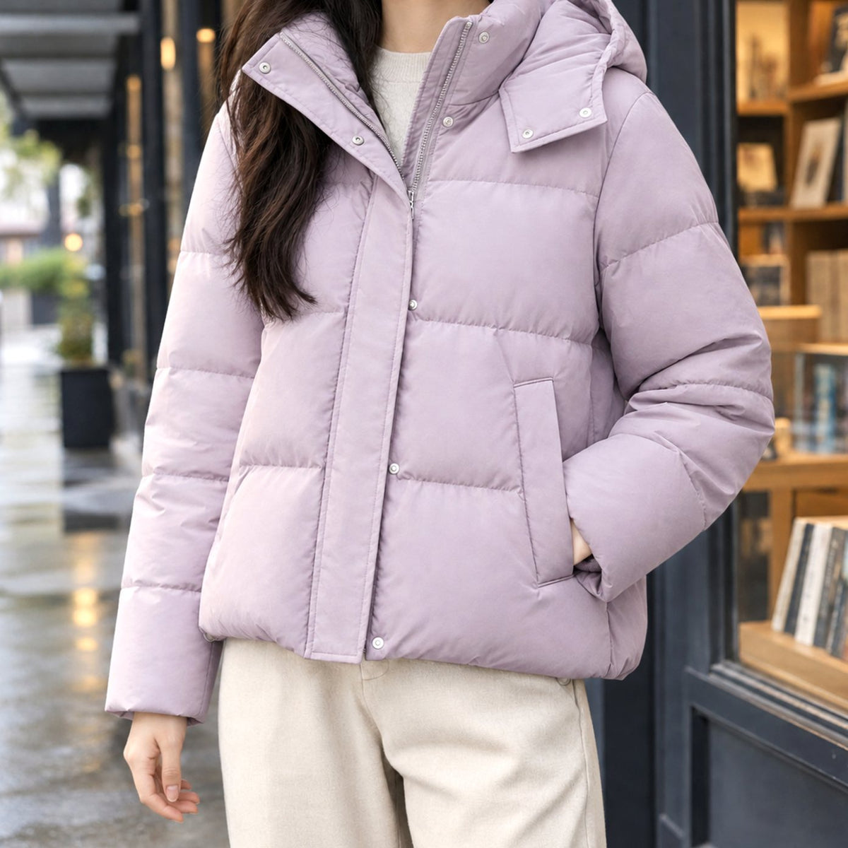 Women's Hooded Quilted Puffer Jacket Loose Fit - Morning Mist Purple