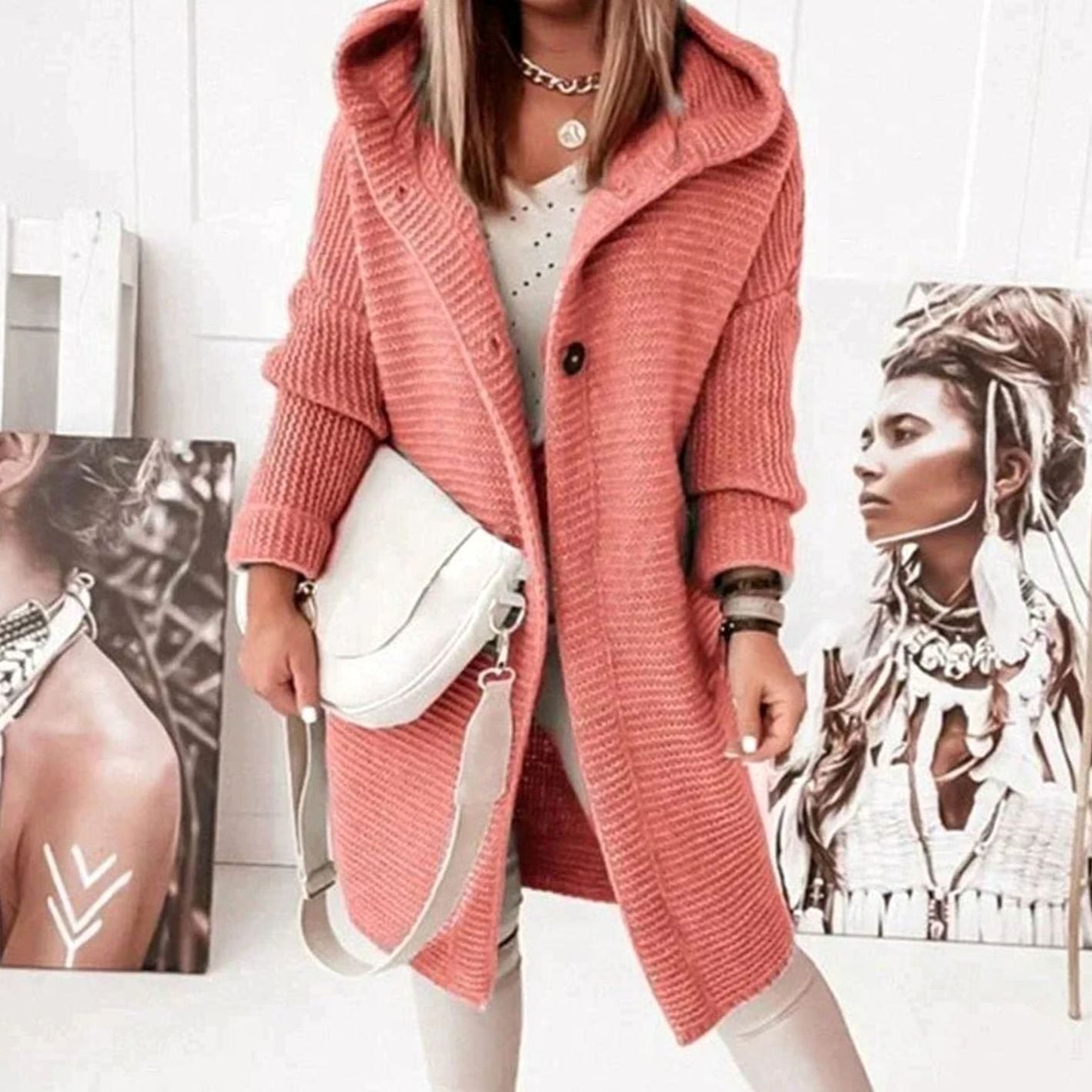 Women's Hooded Relaxed-Fit Knit Cardigan Jacket - Red