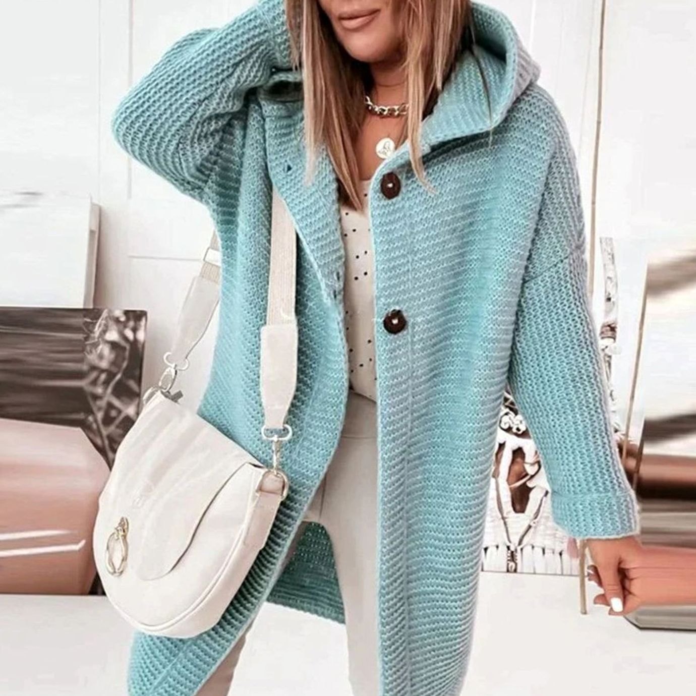 Women's Hooded Relaxed-Fit Knit Cardigan Jacket - Light Blue