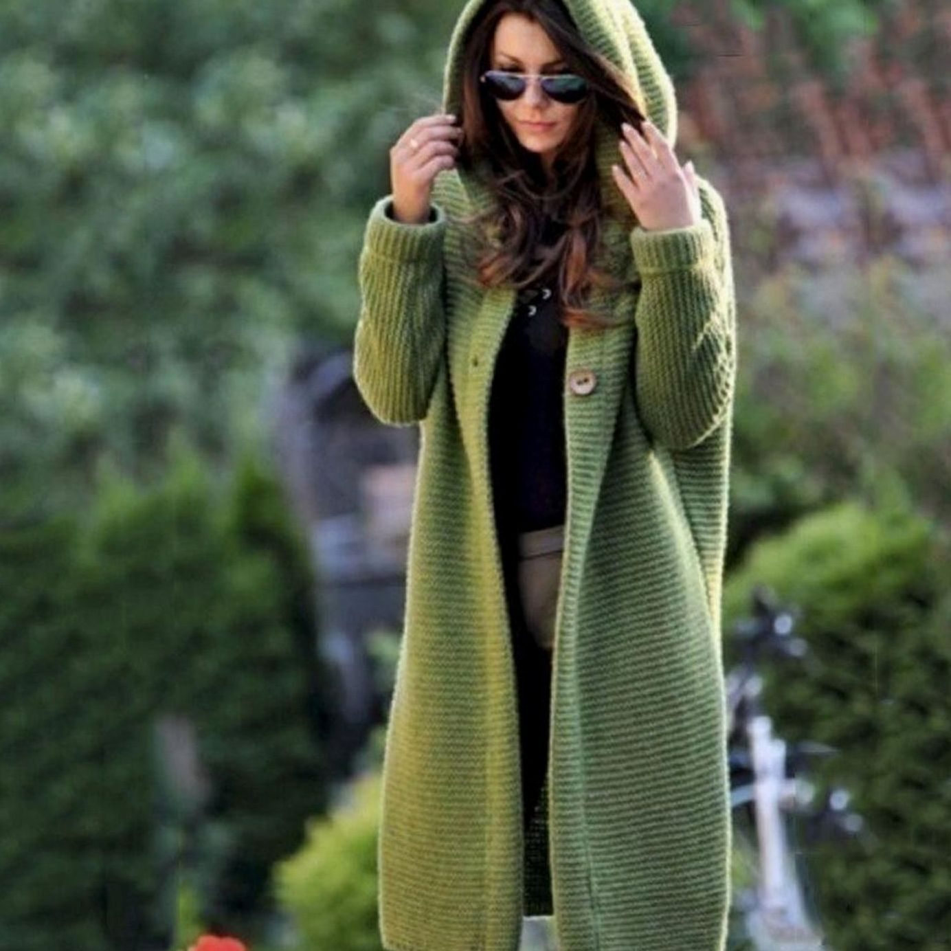 Women's Hooded Ribbed-Knit Long Maxi Cardigan - Green