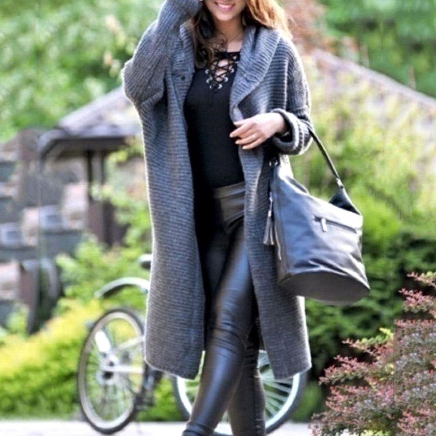 Women's Hooded Ribbed-Knit Long Maxi Cardigan - Grey