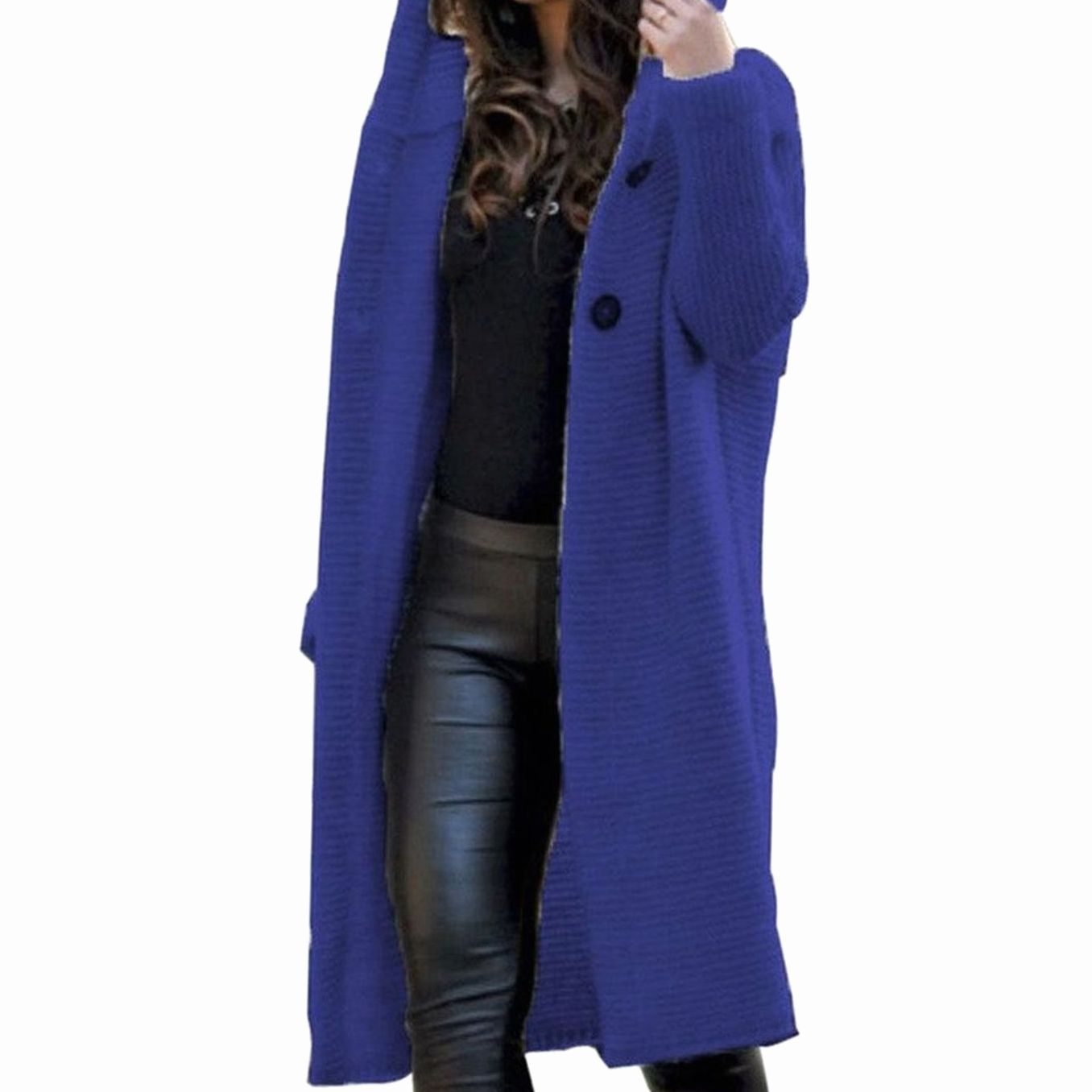Women's Hooded Ribbed-Knit Long Maxi Cardigan - Dark Blue