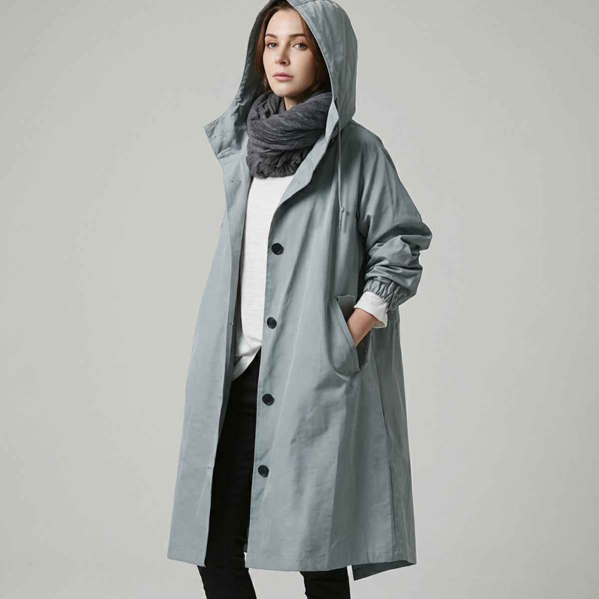 Women's Hooded Single-Breasted Loose-Fit Trench Coat