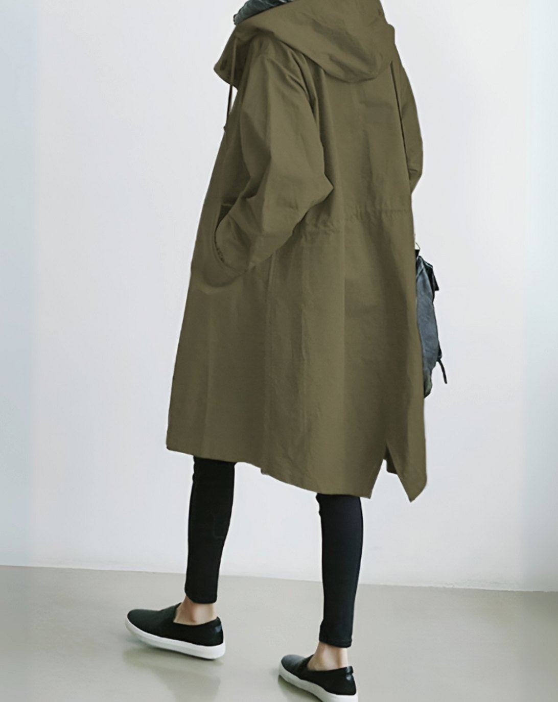 Women's Hooded Single-Breasted Loose-Fit Trench Coat - Army Green
