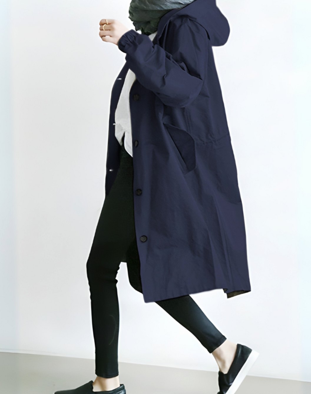 Women's Hooded Single-Breasted Loose-Fit Trench Coat - Navy Blue