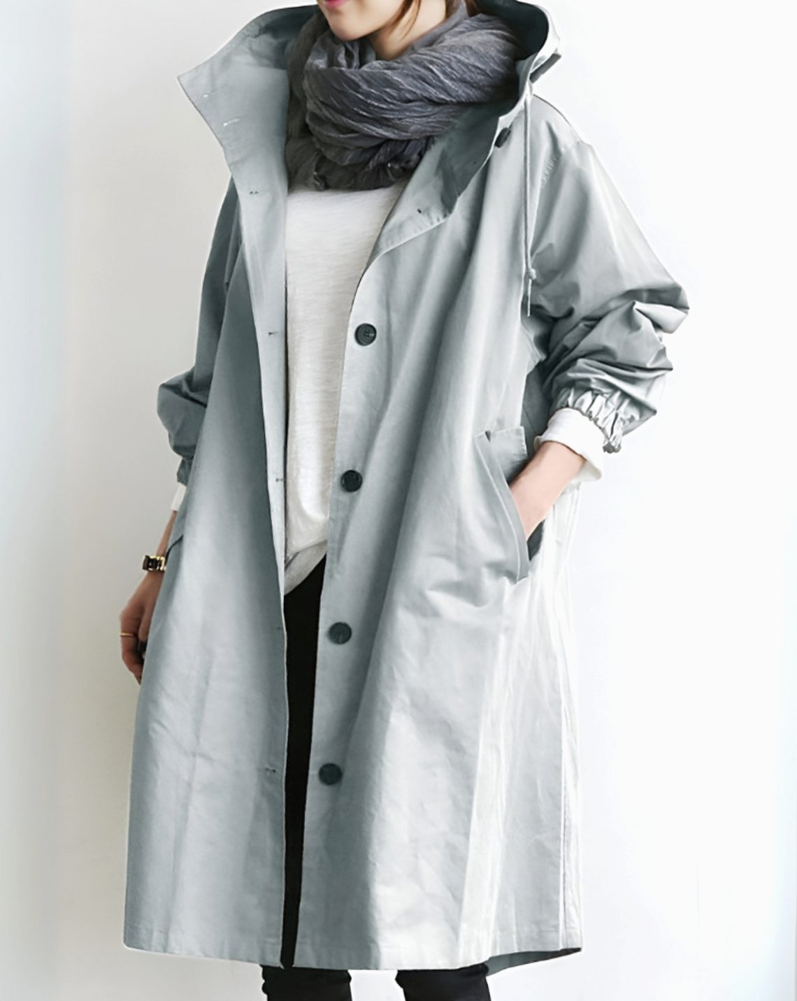 Women's Hooded Single-Breasted Loose-Fit Trench Coat - Grey
