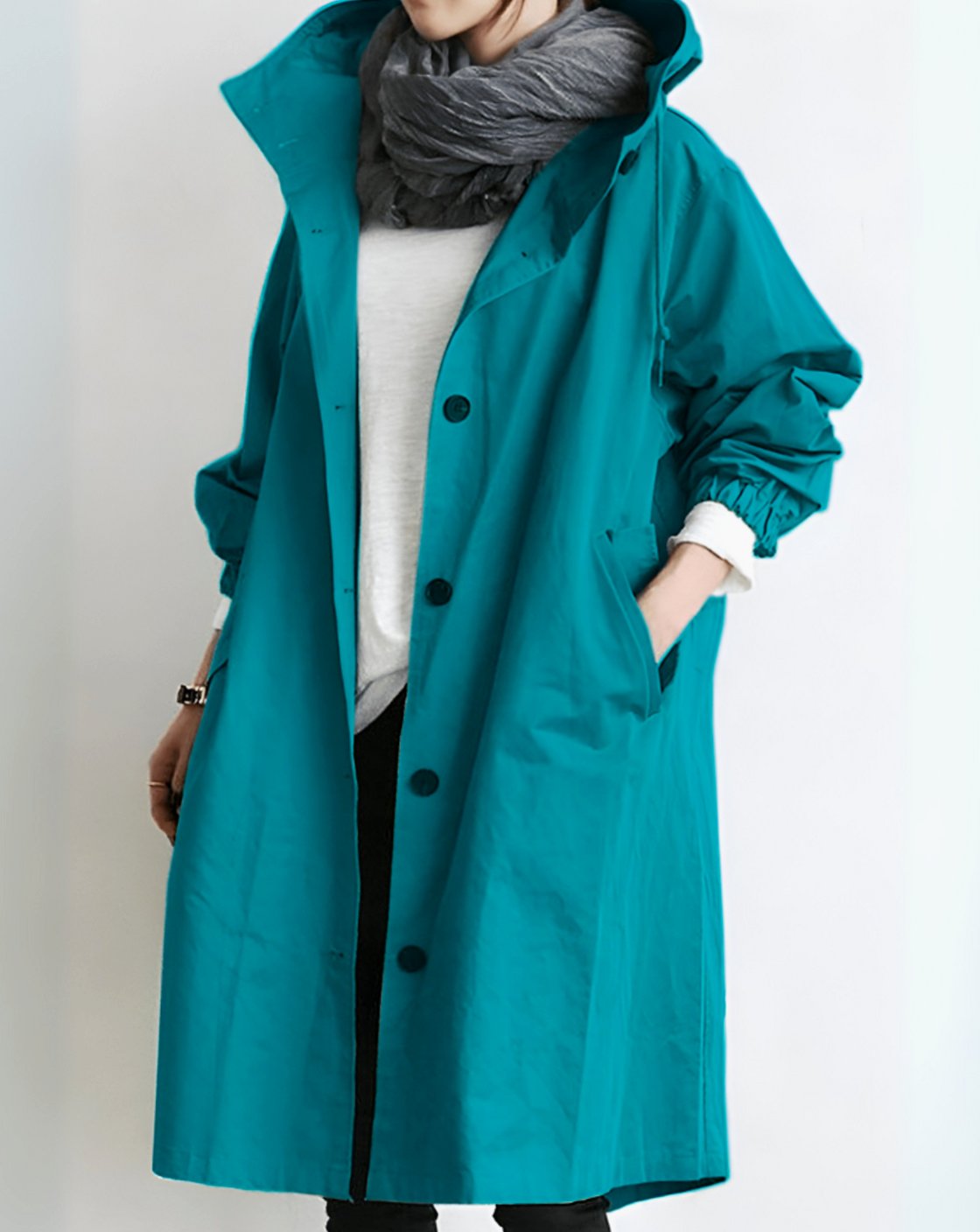 Women's Hooded Single-Breasted Loose-Fit Trench Coat - Turquoise