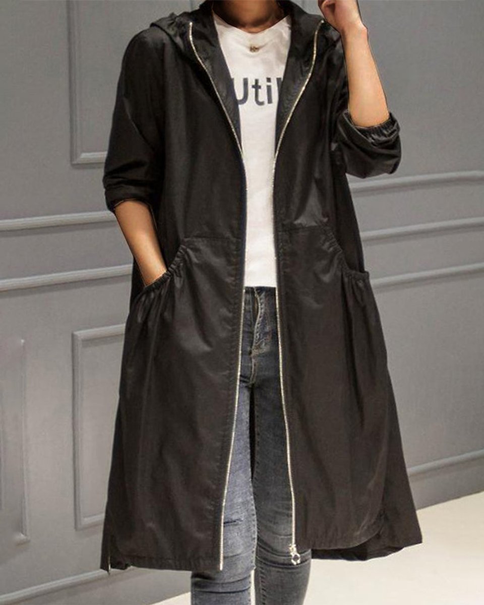 Women's Hooded Waterproof Long-Line Zip-Up Trench Coat - Black