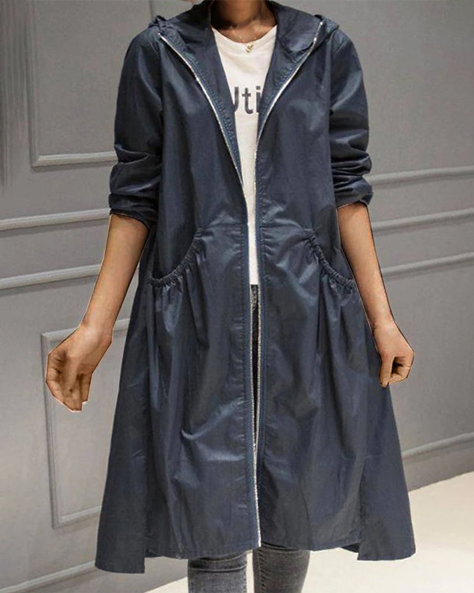 Women's Hooded Waterproof Long-Line Zip-Up Trench Coat - Navy Blue