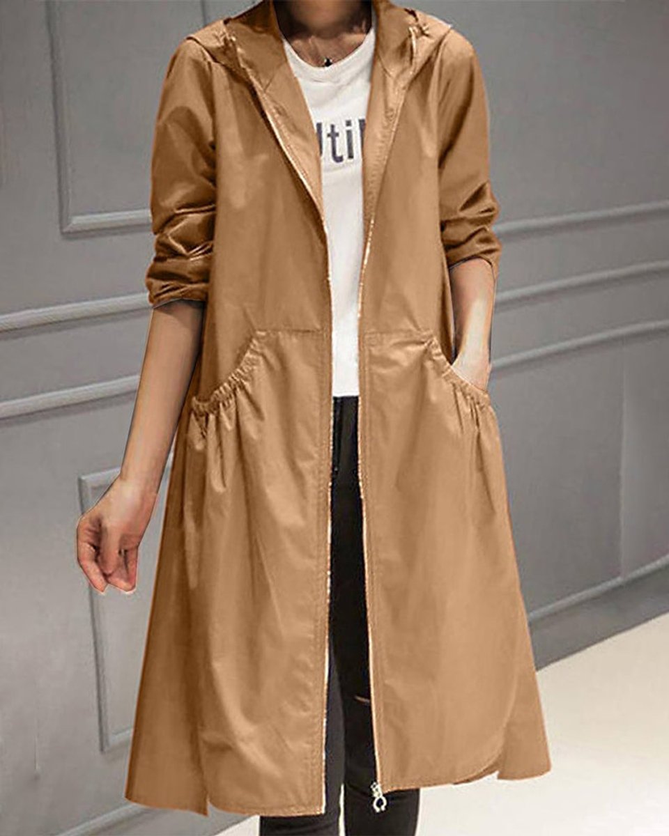 Women's Hooded Waterproof Long-Line Zip-Up Trench Coat - Brown