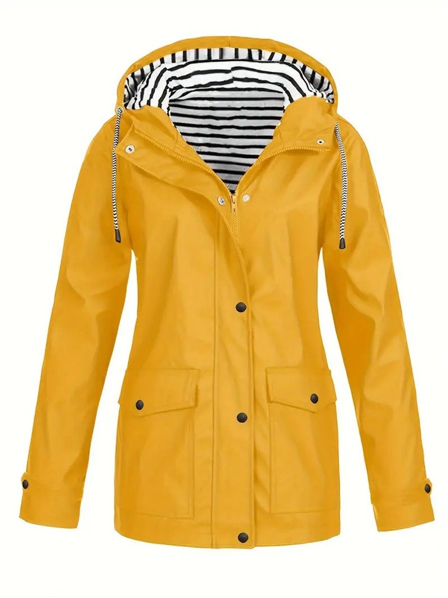 Women's Hooded Waterproof Striped-Lined Zip-Up Rain Coat - Yellow