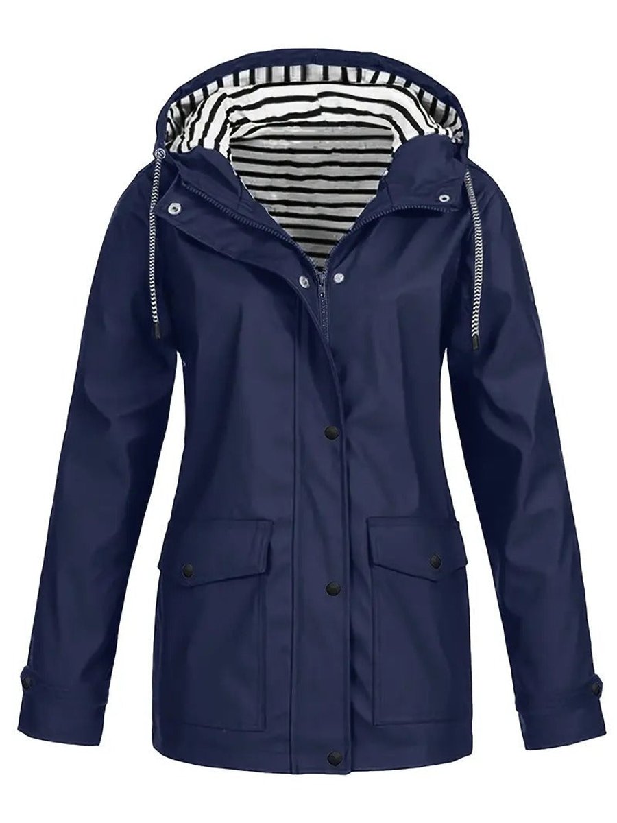 Women's Hooded Waterproof Striped-Lined Zip-Up Rain Coat - Navy Blue