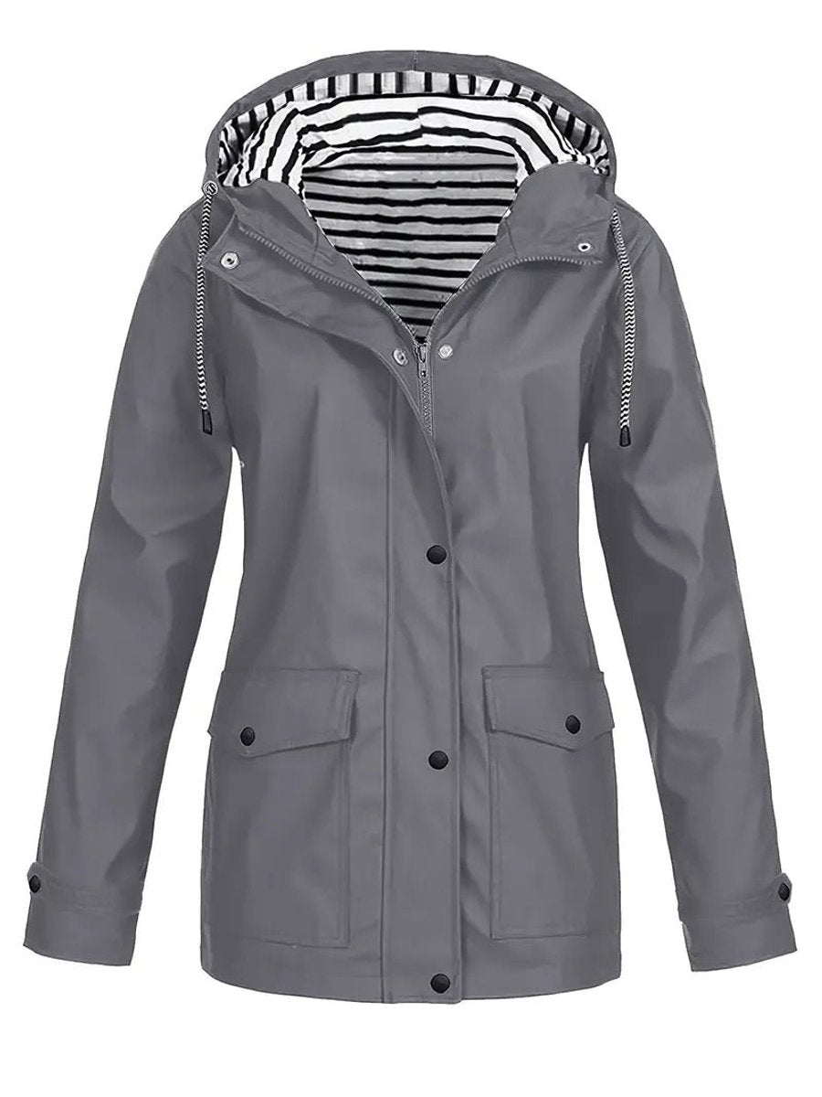 Women's Hooded Waterproof Striped-Lined Zip-Up Rain Coat - Grey