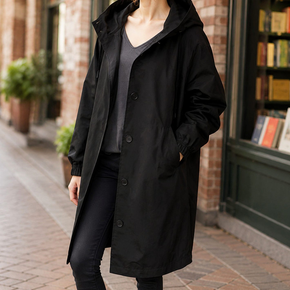 Women's Hooded Winter Coat Relaxed-Fit Button-Front Long Overcoat - Black