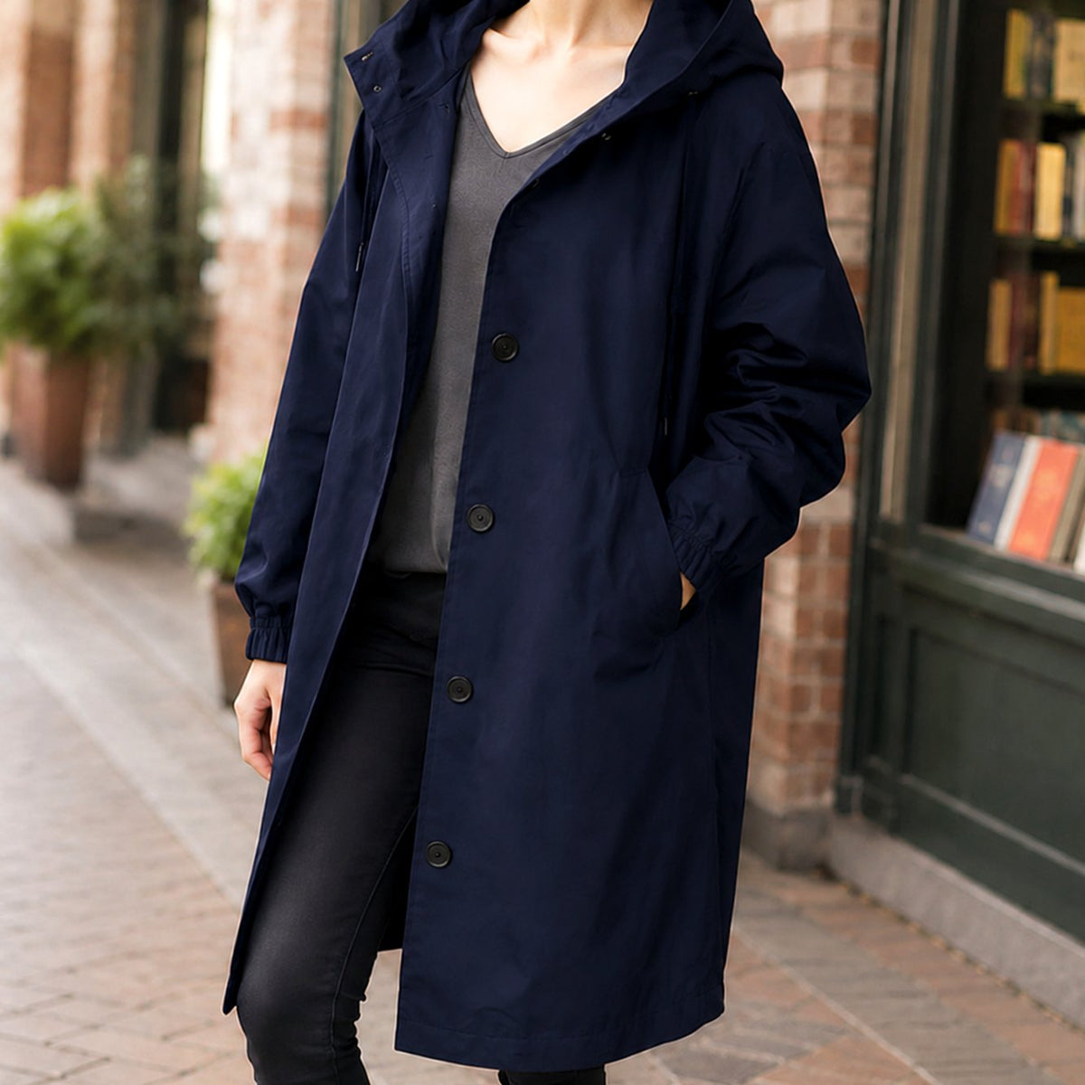 Women's Hooded Winter Coat Relaxed-Fit Button-Front Long Overcoat - Dark Blue