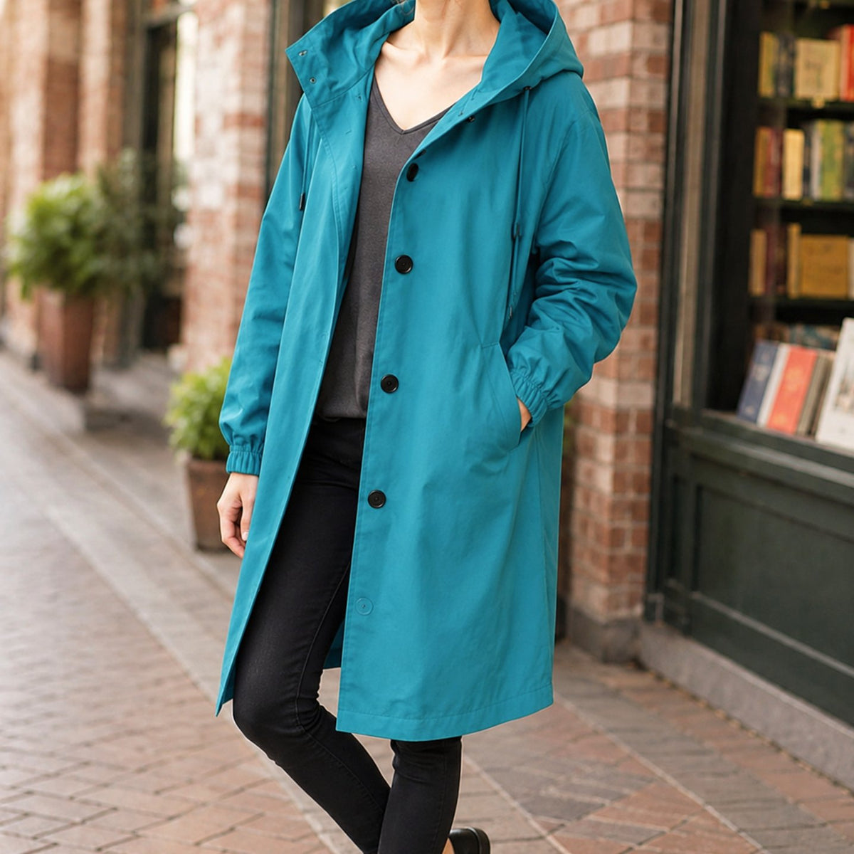 Women's Hooded Winter Coat Relaxed-Fit Button-Front Long Overcoat - Blue
