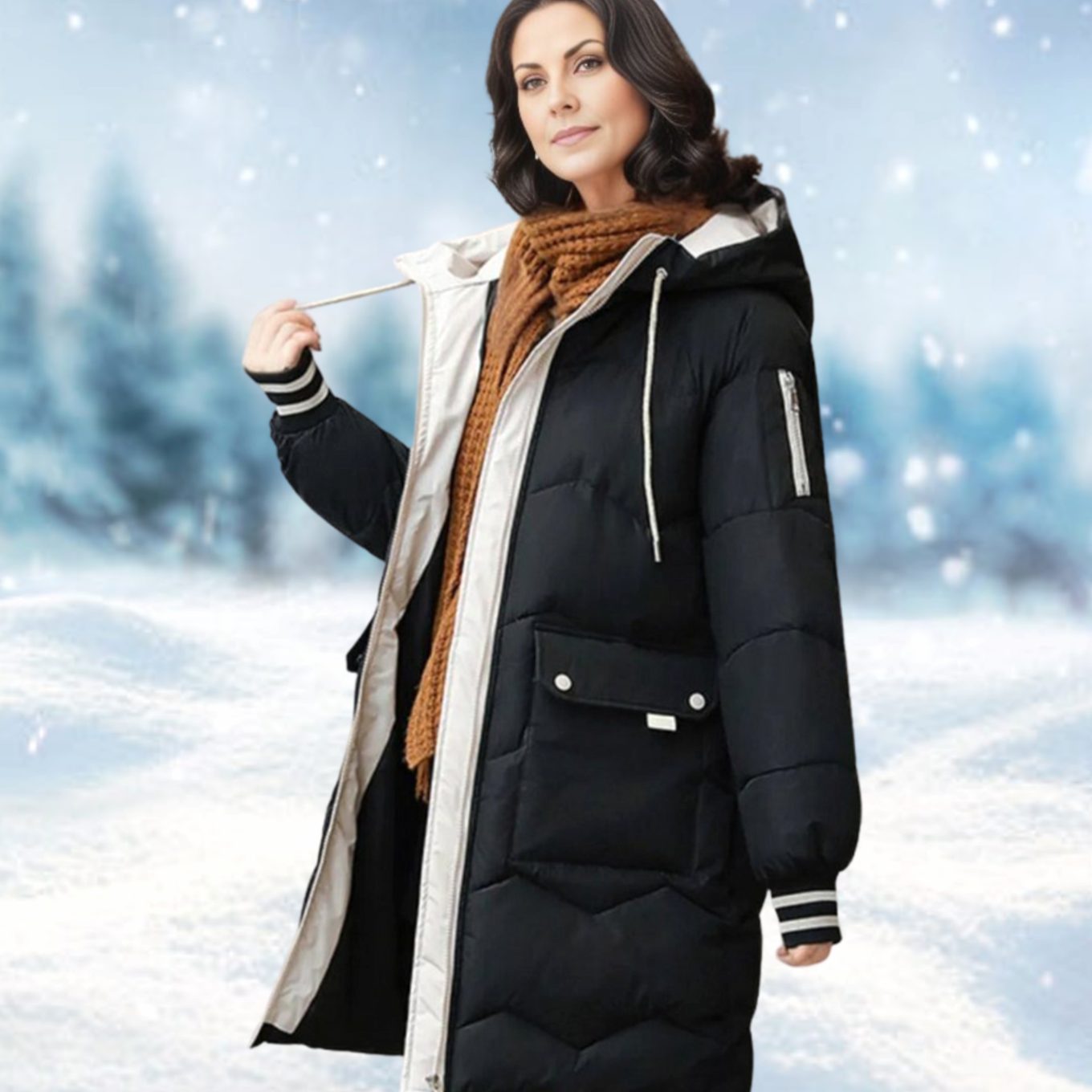 Women's Insulated Hooded Mid-Length Padded Winter Coat - Black