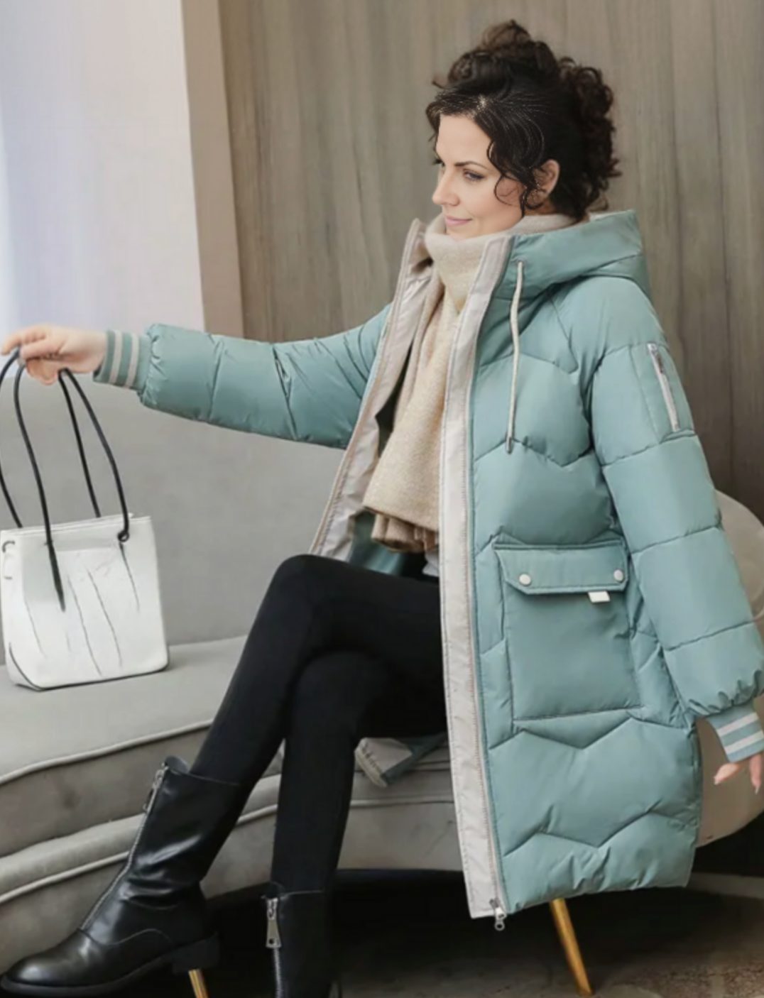 Women's Insulated Hooded Mid-Length Padded Winter Coat - Light Green