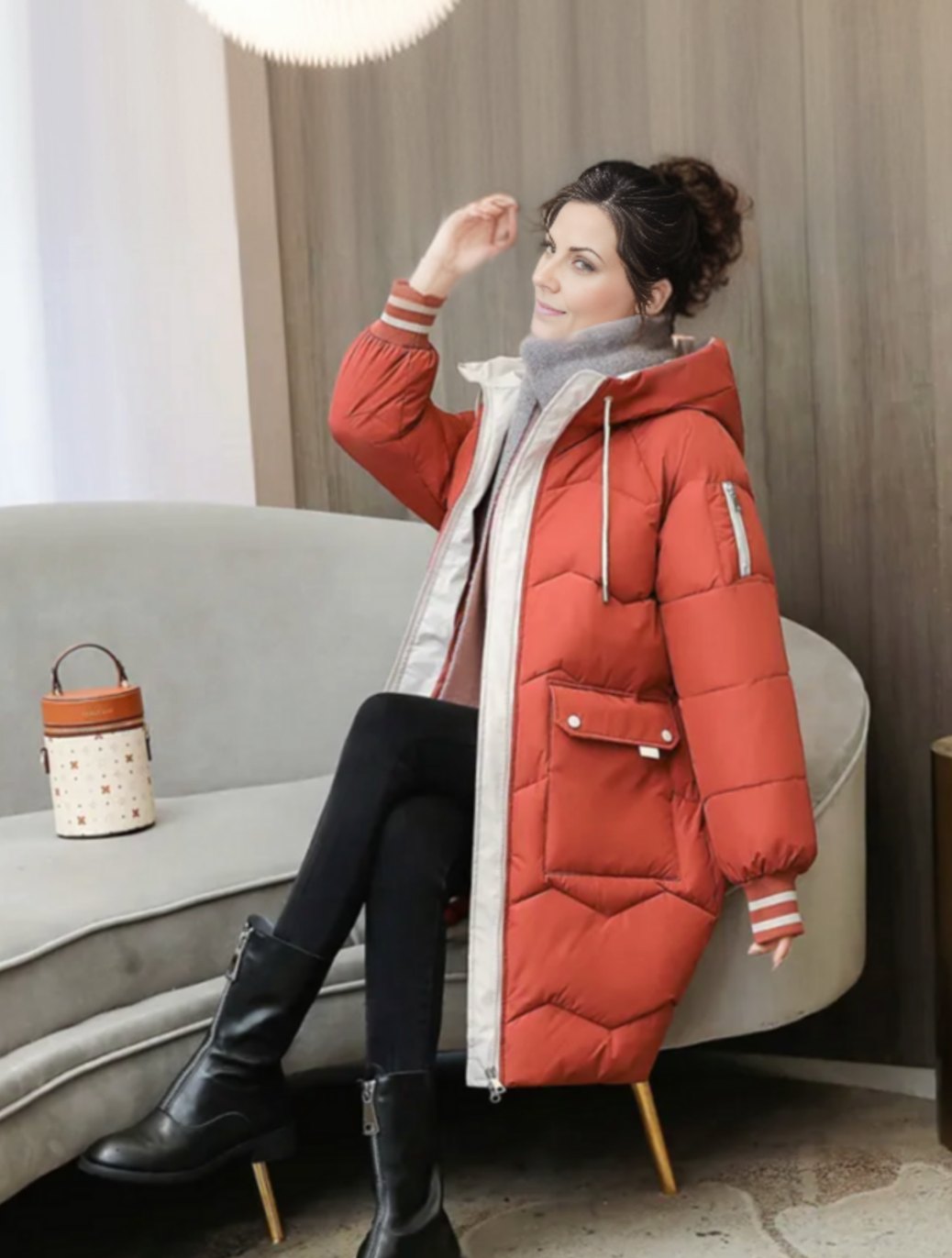 Women's Insulated Hooded Mid-Length Padded Winter Coat - Red