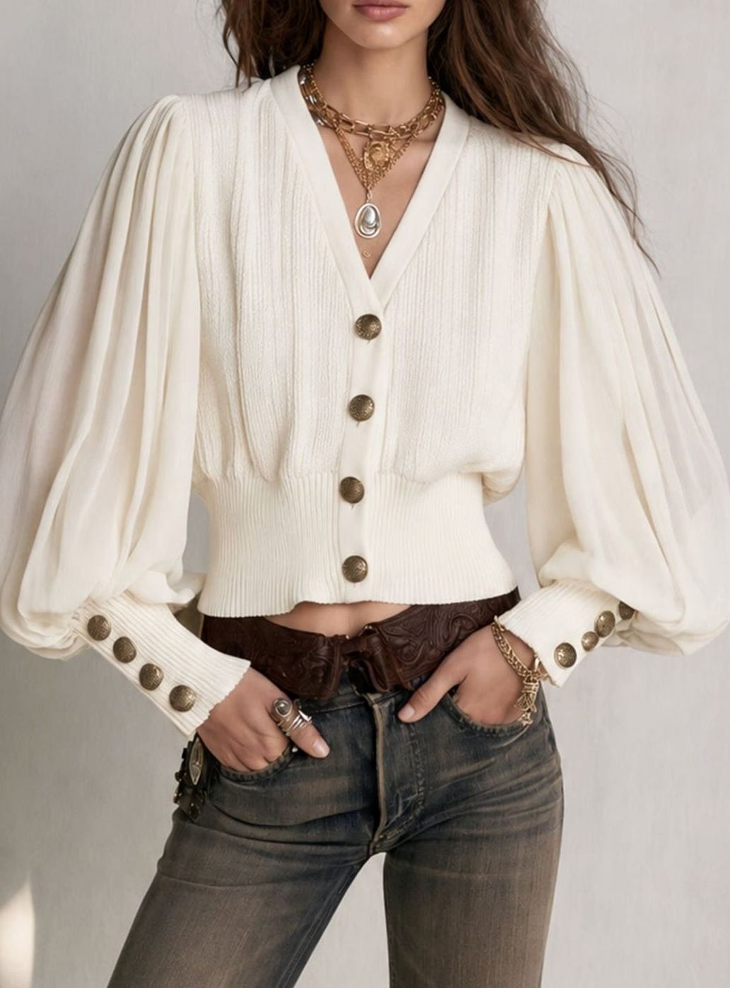 Women's Ivory Puff-Sleeve Ribbed Knit Button-Front Cardigan - White