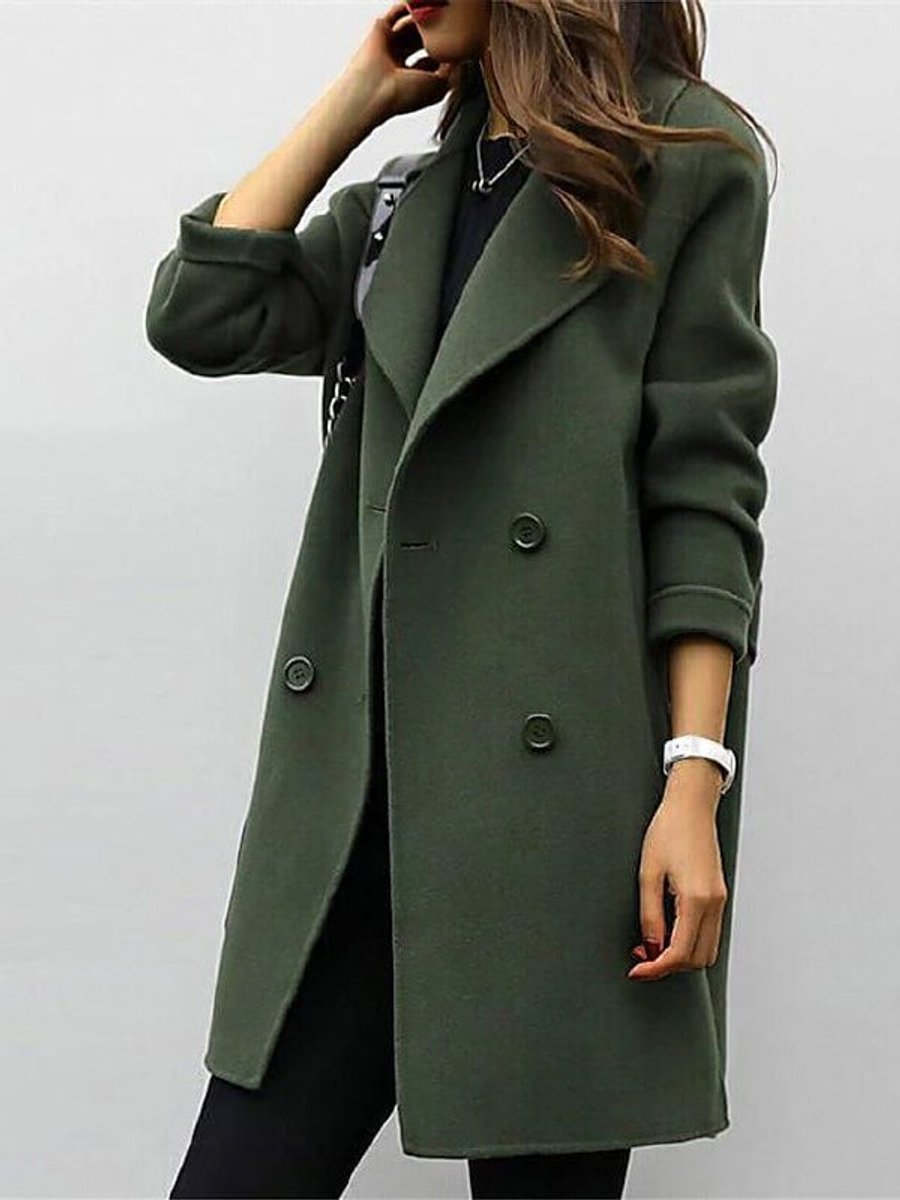 Womens Jacket Double-Breasted Longline Wool-Look Overcoat - Army Green