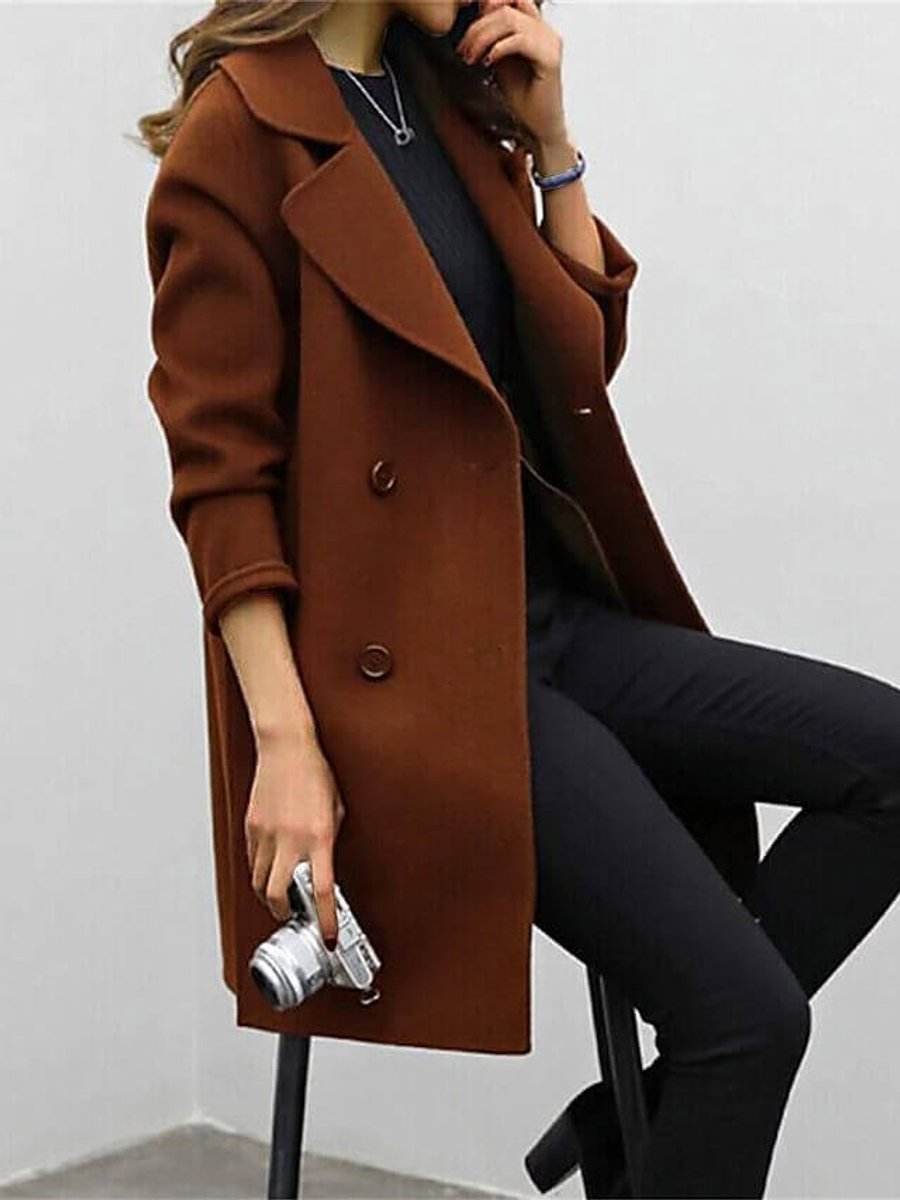 Womens Jacket Double-Breasted Longline Wool-Look Overcoat - Brown