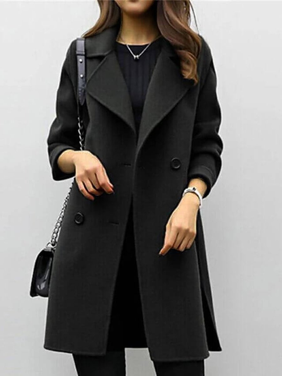Womens Jacket Double-Breasted Longline Wool-Look Overcoat - Black