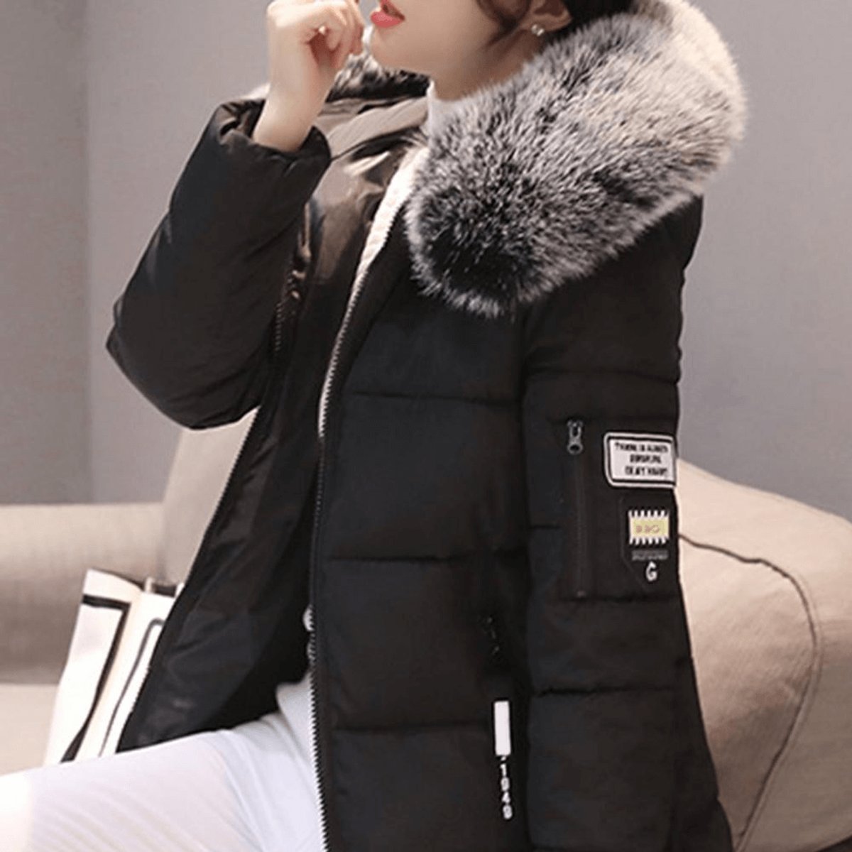 Womens Jacket Mid-Length Hooded Faux Fur Windproof Puffer Coat