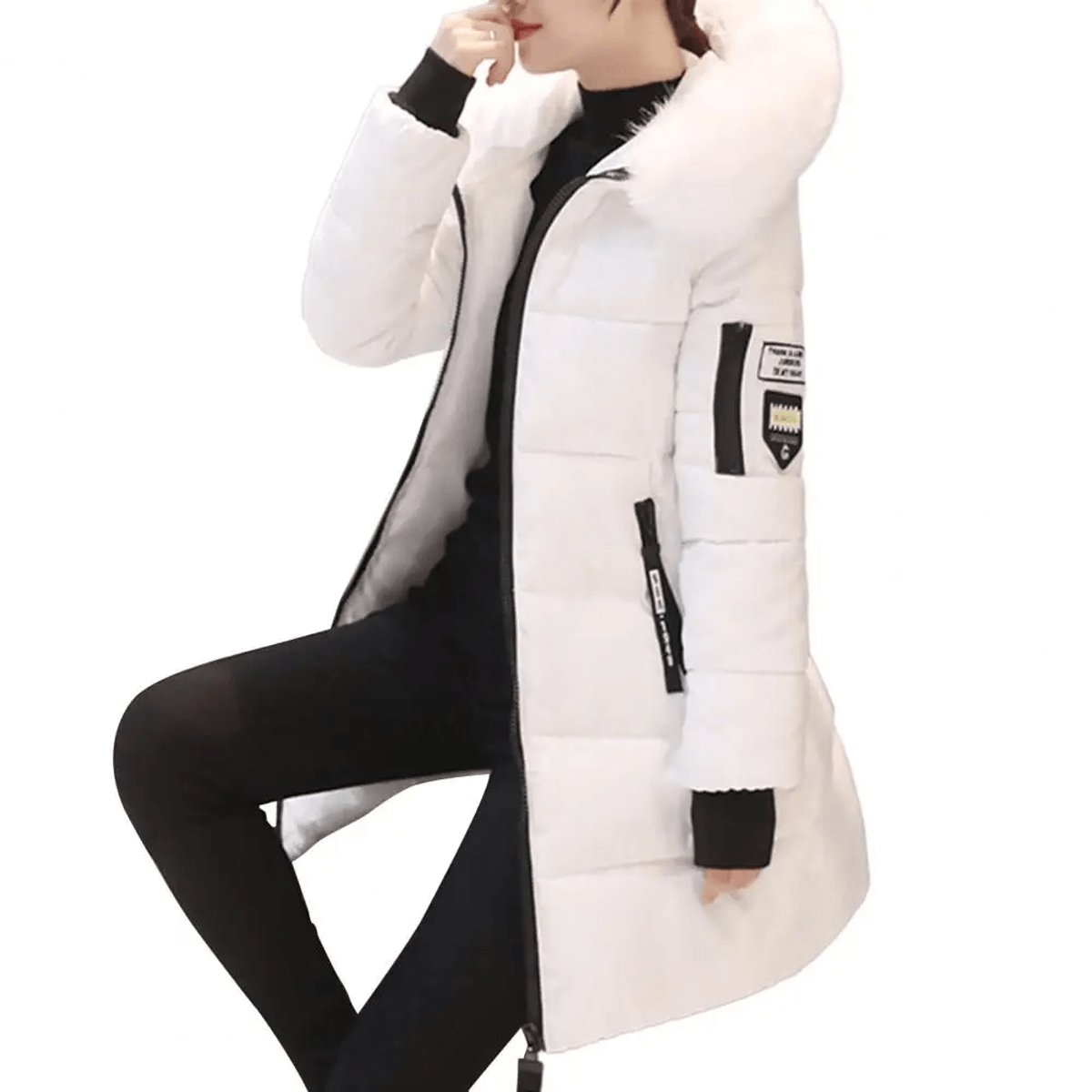 Womens Jacket Mid-Length Hooded Faux Fur Windproof Puffer Coat - White