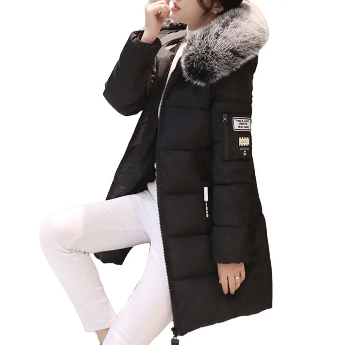 Womens Jacket Mid-Length Hooded Faux Fur Windproof Puffer Coat - Black