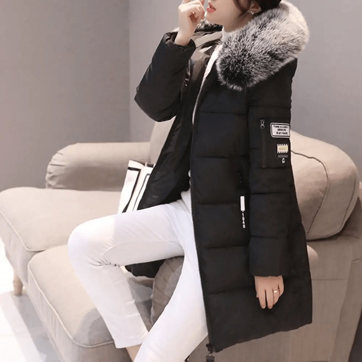 Womens Jacket Mid-Length Hooded Faux Fur Windproof Puffer Coat