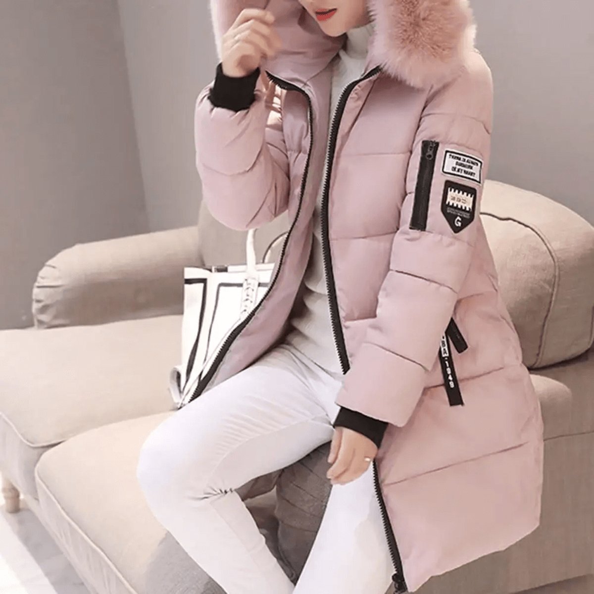 Womens Jacket Mid-Length Hooded Faux Fur Windproof Puffer Coat
