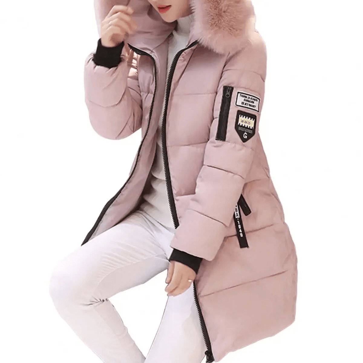 Womens Jacket Mid-Length Hooded Faux Fur Windproof Puffer Coat - Pink