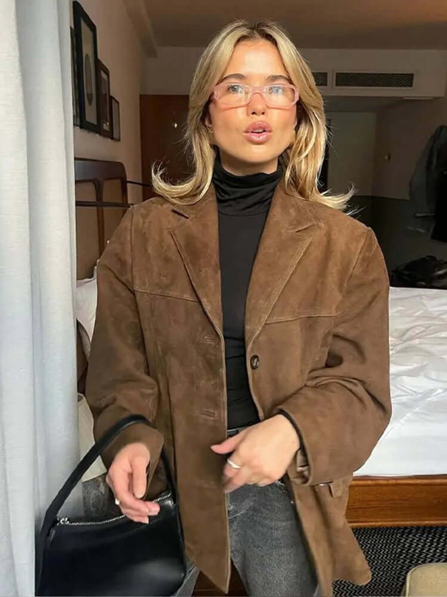 Womens Jacket Oversized Suede Blazer Turtleneck Layer - Brown