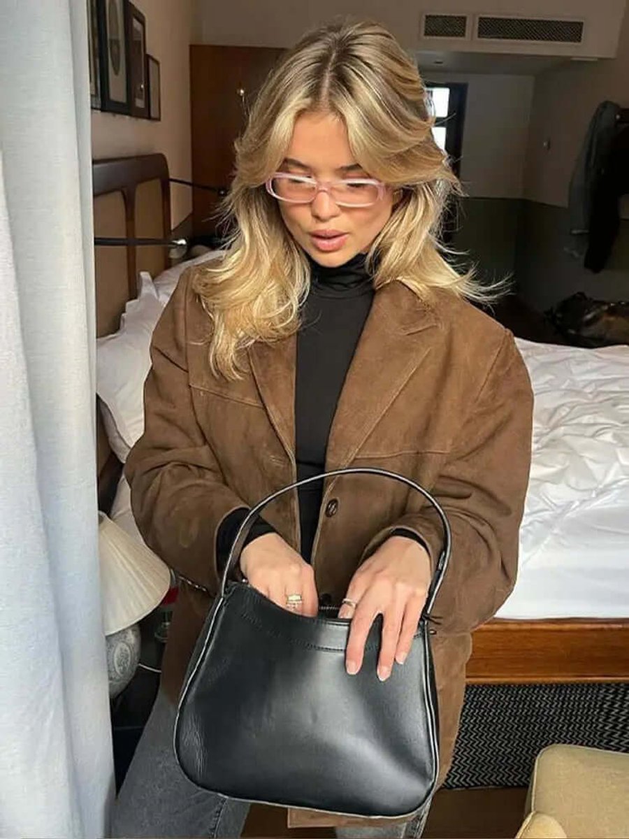Womens Jacket Oversized Suede Blazer Turtleneck Layer